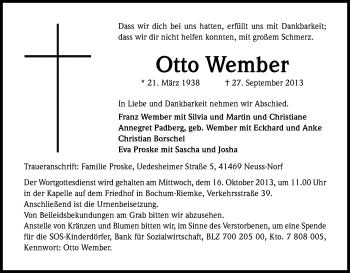 Anzeige von Otto Wember von Kölner Stadt-Anzeiger / Kölnische Rundschau / Express