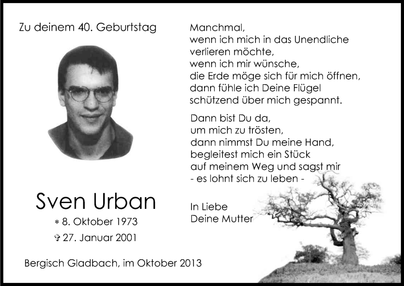  Traueranzeige für Sven Urban vom 08.10.2013 aus Kölner Stadt-Anzeiger / Kölnische Rundschau / Express