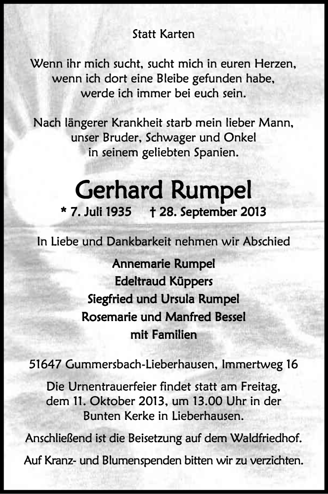  Traueranzeige für Gerhard Rumpel vom 05.10.2013 aus Kölner Stadt-Anzeiger / Kölnische Rundschau / Express