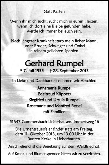 Anzeige von Gerhard Rumpel von Kölner Stadt-Anzeiger / Kölnische Rundschau / Express