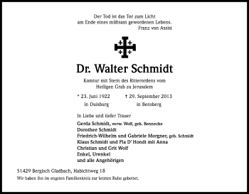 Anzeige von Walter Schmidt von Kölner Stadt-Anzeiger / Kölnische Rundschau / Express