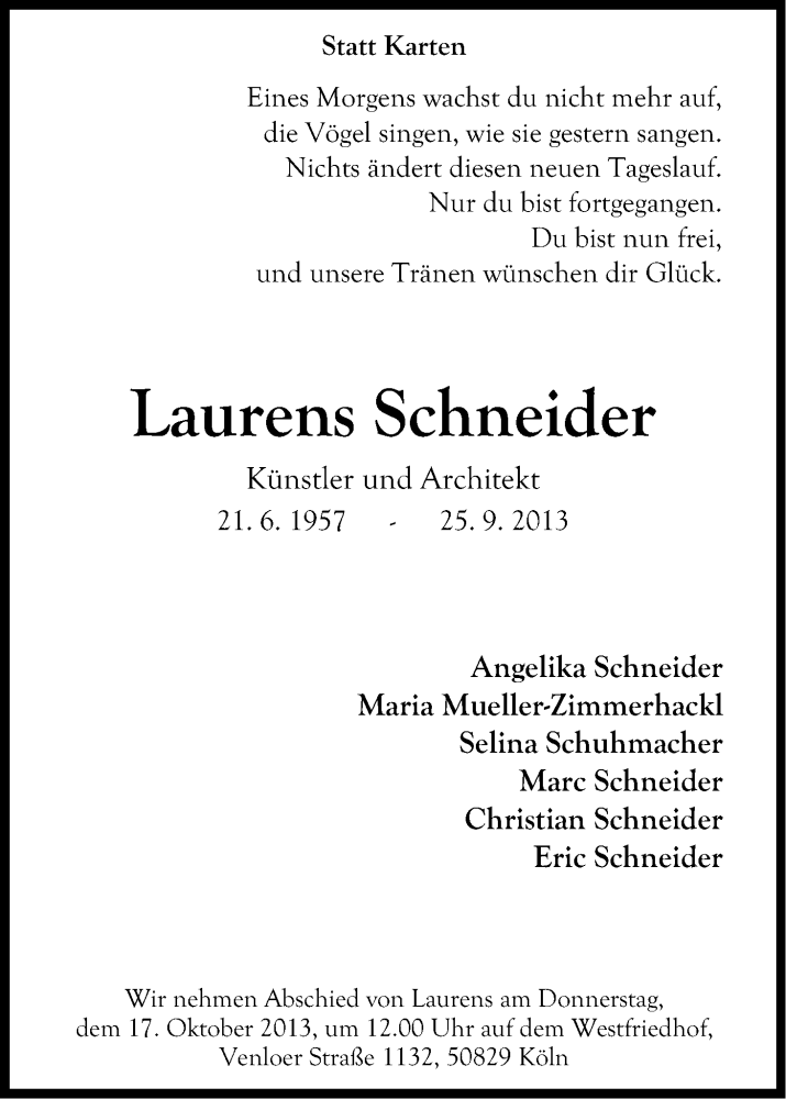  Traueranzeige für Laurens Schneider vom 09.10.2013 aus Kölner Stadt-Anzeiger / Kölnische Rundschau / Express