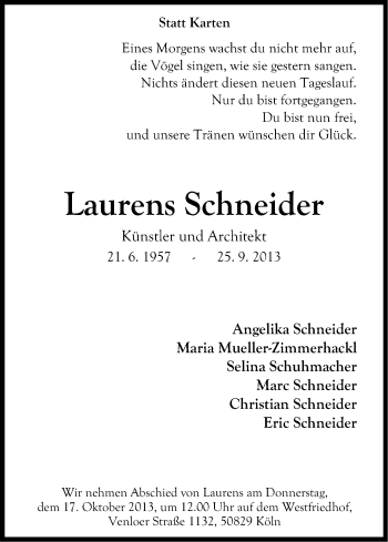 Anzeige von Laurens Schneider von Kölner Stadt-Anzeiger / Kölnische Rundschau / Express