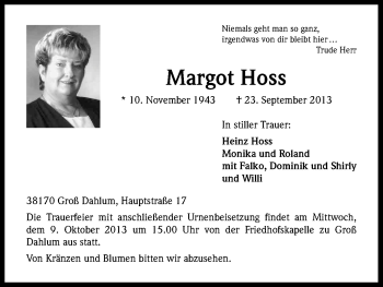 Anzeige von Margot Hoss von Kölner Stadt-Anzeiger / Kölnische Rundschau / Express