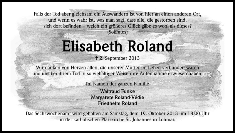  Traueranzeige für Elisabeth Roland vom 05.10.2013 aus Kölner Stadt-Anzeiger / Kölnische Rundschau / Express