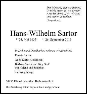 Anzeige von Hans-Wilhelm Sartor von Kölner Stadt-Anzeiger / Kölnische Rundschau / Express