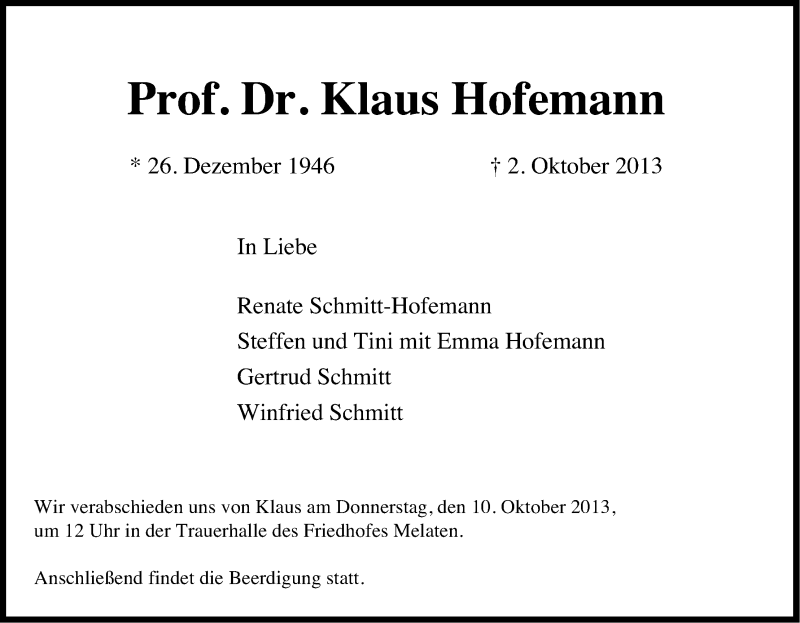  Traueranzeige für Klaus Hofemann vom 08.10.2013 aus Kölner Stadt-Anzeiger / Kölnische Rundschau / Express
