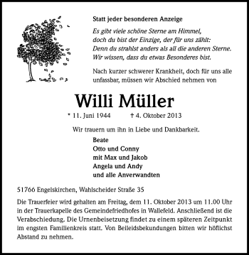 Anzeige von Willi Müller von Kölner Stadt-Anzeiger / Kölnische Rundschau / Express