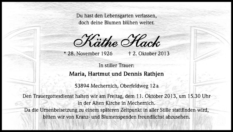  Traueranzeige für Käthe Hack vom 07.10.2013 aus Kölner Stadt-Anzeiger / Kölnische Rundschau / Express
