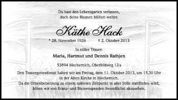 Anzeige von Käthe Hack von Kölner Stadt-Anzeiger / Kölnische Rundschau / Express