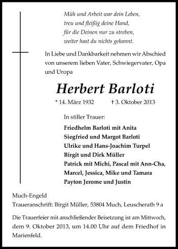 Anzeige von Herbert Barloti von Kölner Stadt-Anzeiger / Kölnische Rundschau / Express