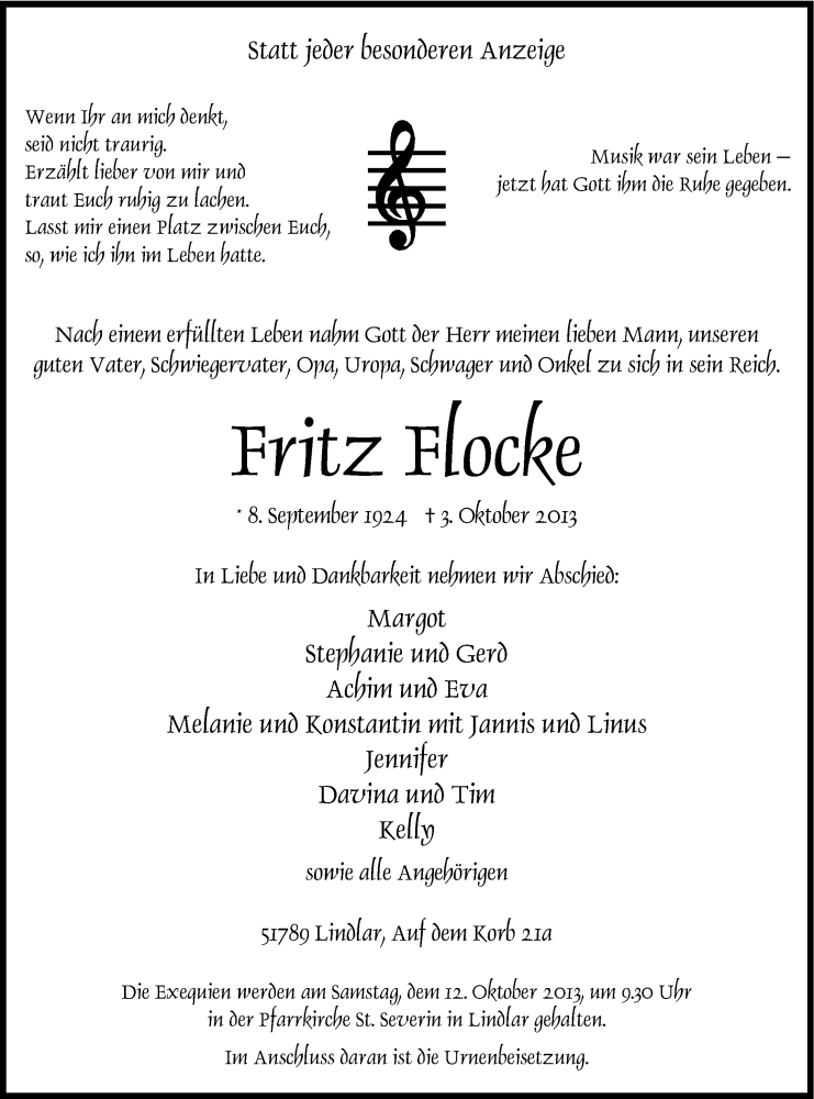  Traueranzeige für Fritz Flocke vom 08.10.2013 aus Kölner Stadt-Anzeiger / Kölnische Rundschau / Express