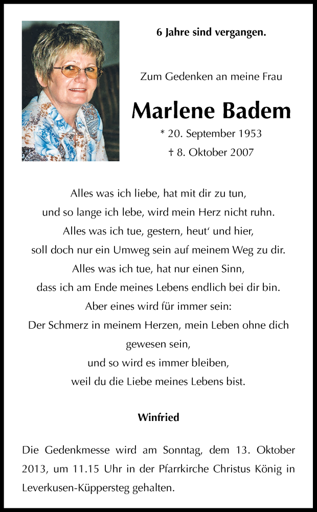  Traueranzeige für Marlene Badem vom 08.10.2013 aus Kölner Stadt-Anzeiger / Kölnische Rundschau / Express
