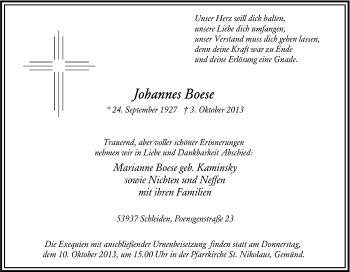 Anzeige von Johannes Boese von Kölner Stadt-Anzeiger / Kölnische Rundschau / Express