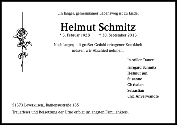 Anzeige von Helmut Schmitz von Kölner Stadt-Anzeiger / Kölnische Rundschau / Express