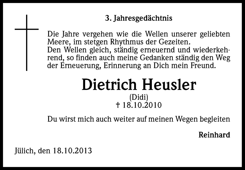  Traueranzeige für Dietrich Heusler vom 18.10.2013 aus Kölner Stadt-Anzeiger / Kölnische Rundschau / Express
