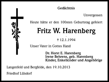 Anzeige von Fritz Harenberg von Kölner Stadt-Anzeiger / Kölnische Rundschau / Express