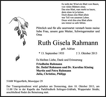 Anzeige von Ruth Gisela Rahmann von Kölner Stadt-Anzeiger / Kölnische Rundschau / Express