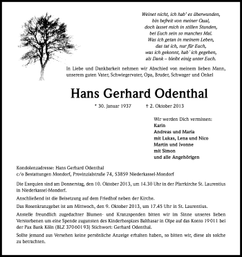 Anzeige von Hans Gerhard Odenthal von Kölner Stadt-Anzeiger / Kölnische Rundschau / Express