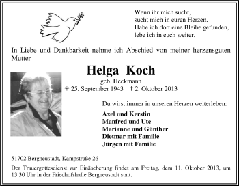 Anzeige von Helga Koch von Kölner Stadt-Anzeiger / Kölnische Rundschau / Express