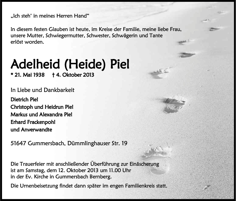  Traueranzeige für Adelheid Piel vom 08.10.2013 aus Kölner Stadt-Anzeiger / Kölnische Rundschau / Express