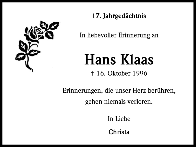  Traueranzeige für Hans Klaas vom 16.10.2013 aus Kölner Stadt-Anzeiger / Kölnische Rundschau / Express