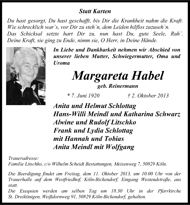  Traueranzeige für Margareta Habel vom 08.10.2013 aus Kölner Stadt-Anzeiger / Kölnische Rundschau / Express