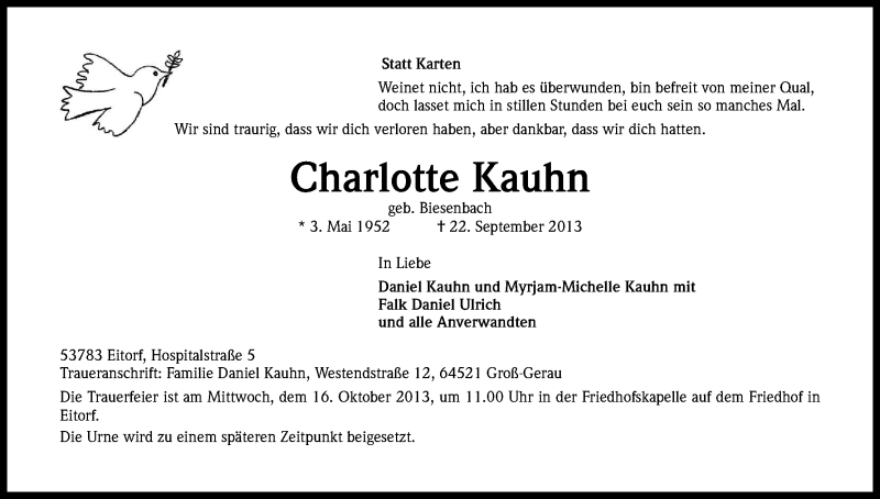  Traueranzeige für Charlotte Kauhn vom 09.10.2013 aus Kölner Stadt-Anzeiger / Kölnische Rundschau / Express