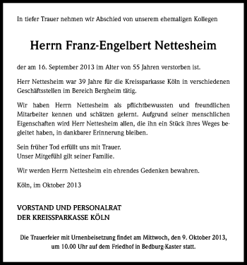 Anzeige von Franz Engelbert Nettesheim von Kölner Stadt-Anzeiger / Kölnische Rundschau / Express