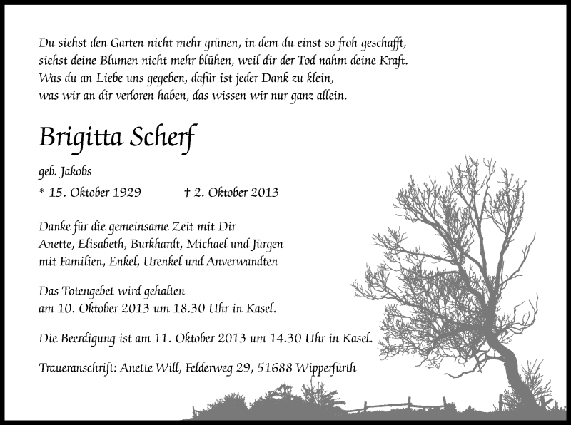 Traueranzeige für Brigitta Scherf vom 08.10.2013 aus Kölner Stadt-Anzeiger / Kölnische Rundschau / Express