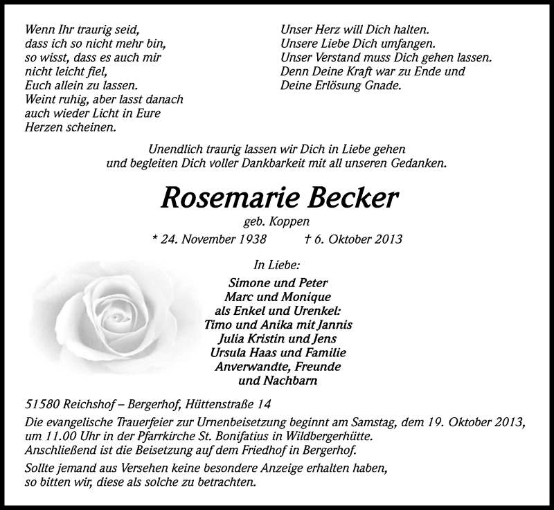  Traueranzeige für Rosemarie Becker vom 09.10.2013 aus Kölner Stadt-Anzeiger / Kölnische Rundschau / Express