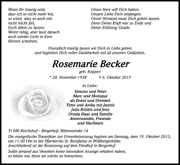 Anzeige von Rosemarie Becker von Kölner Stadt-Anzeiger / Kölnische Rundschau / Express