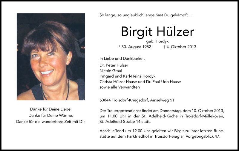  Traueranzeige für Birgit Hülzer vom 08.10.2013 aus Kölner Stadt-Anzeiger / Kölnische Rundschau / Express