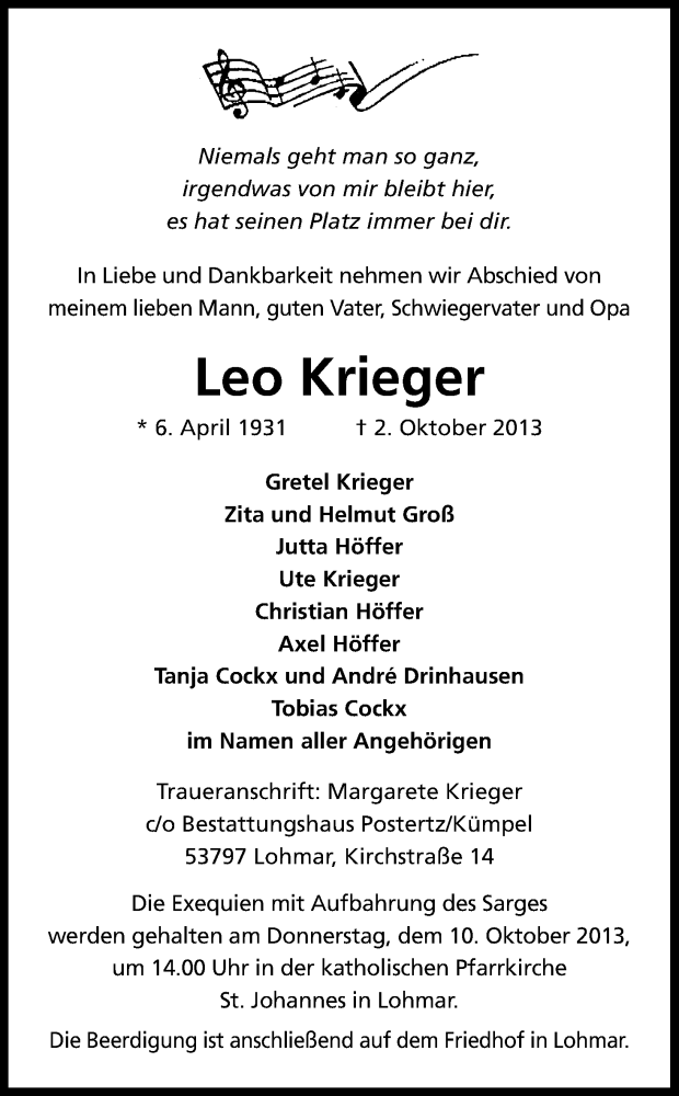  Traueranzeige für Leo Krieger vom 08.10.2013 aus Kölner Stadt-Anzeiger / Kölnische Rundschau / Express