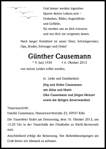 Anzeige von Günther Causemann von Kölner Stadt-Anzeiger / Kölnische Rundschau / Express