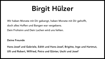 Anzeige von Birgit Hülzer von Kölner Stadt-Anzeiger / Kölnische Rundschau / Express