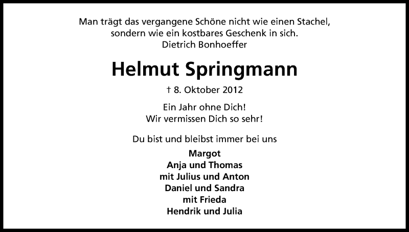 Traueranzeige für Helmut Springmann vom 08.10.2013 aus Kölner Stadt-Anzeiger / Kölnische Rundschau / Express