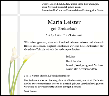 Anzeige von Maria Leister von Kölner Stadt-Anzeiger / Kölnische Rundschau / Express
