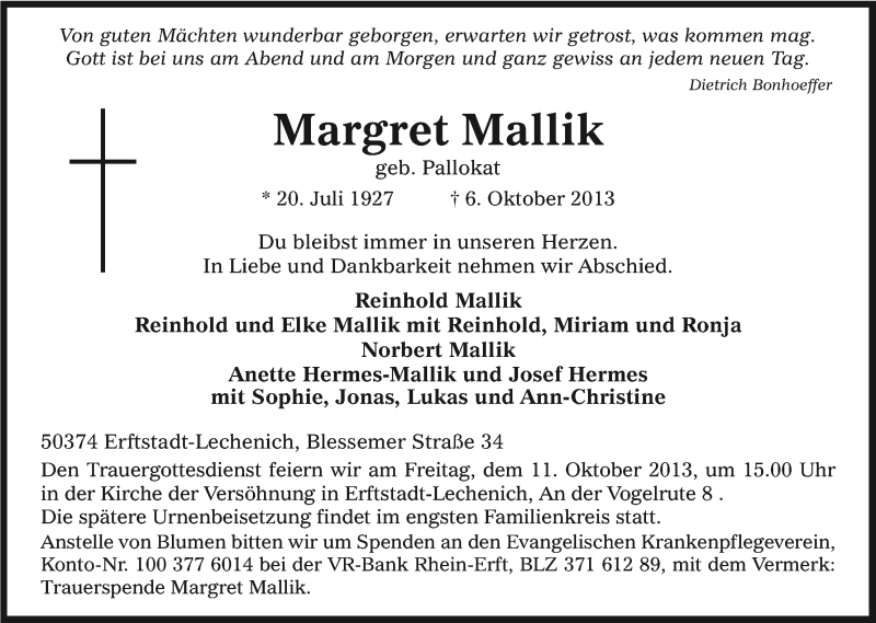  Traueranzeige für Margret Mallik vom 08.10.2013 aus Kölner Stadt-Anzeiger / Kölnische Rundschau / Express