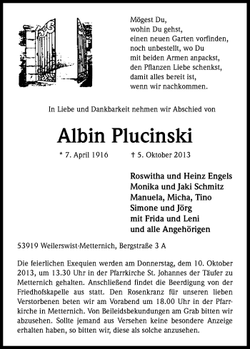 Anzeige von Albin Plucinski von Kölner Stadt-Anzeiger / Kölnische Rundschau / Express