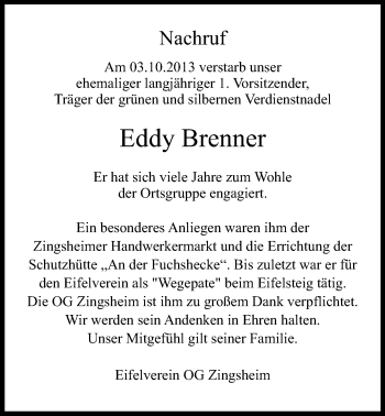 Anzeige von Eddy Brenner von Kölner Stadt-Anzeiger / Kölnische Rundschau / Express