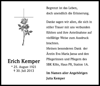 Anzeige von Erich Kemper von Kölner Stadt-Anzeiger / Kölnische Rundschau / Express