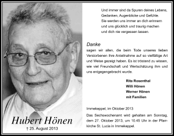Anzeige von Hubert Hönen von Kölner Stadt-Anzeiger / Kölnische Rundschau / Express