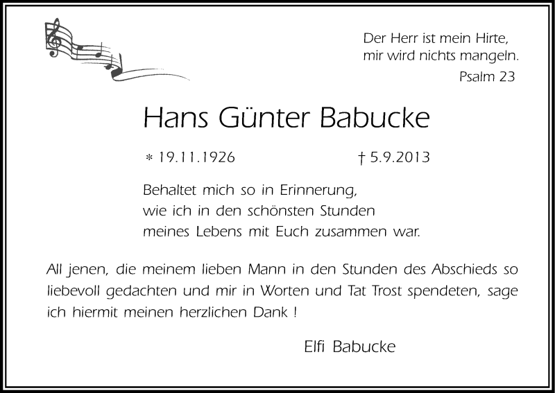  Traueranzeige für Hans Günter Babucke vom 09.10.2013 aus Kölner Stadt-Anzeiger / Kölnische Rundschau / Express
