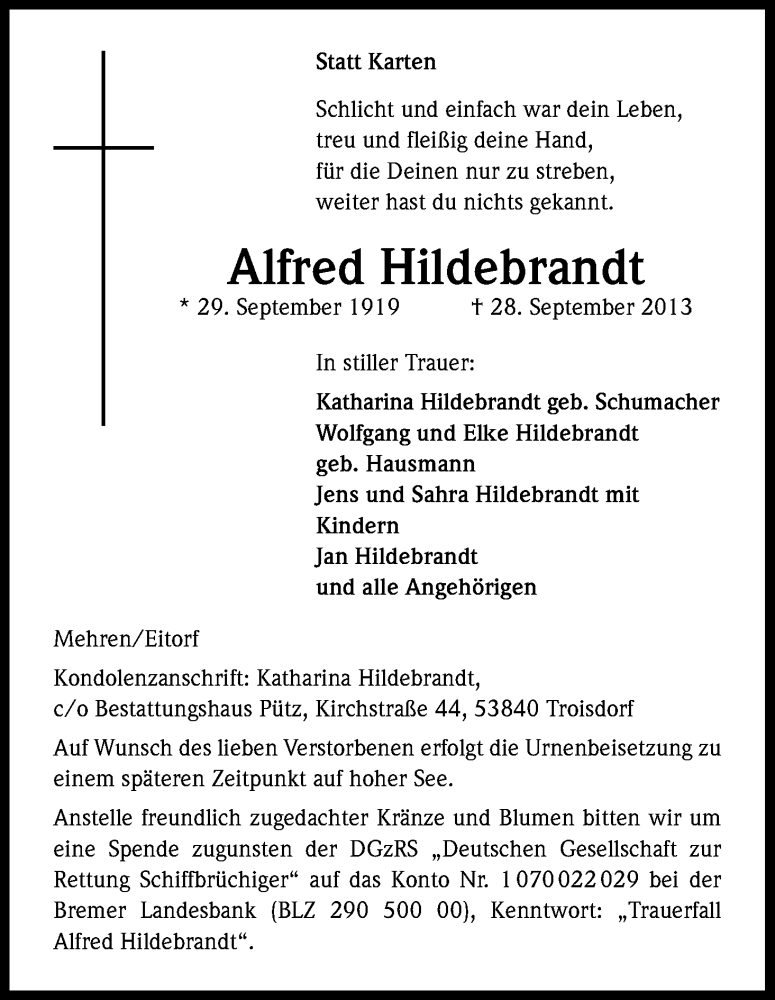  Traueranzeige für Alfred Hildebrandt vom 08.10.2013 aus Kölner Stadt-Anzeiger / Kölnische Rundschau / Express