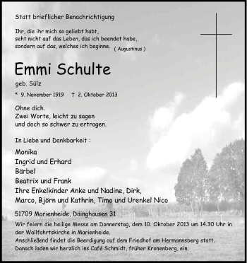 Anzeige von Emmi Schulte von Kölner Stadt-Anzeiger / Kölnische Rundschau / Express