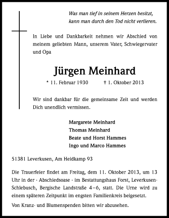 Anzeige von Jürgen Meinhard von Kölner Stadt-Anzeiger / Kölnische Rundschau / Express