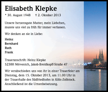 Anzeige von Elisabeth Klepke von Kölner Stadt-Anzeiger / Kölnische Rundschau / Express