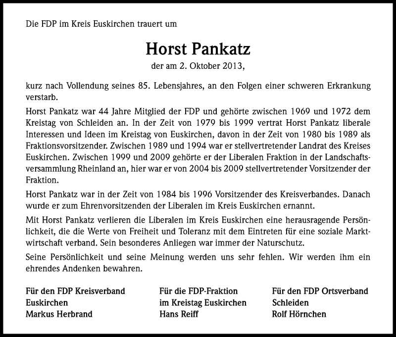  Traueranzeige für Horst Pankatz vom 09.10.2013 aus Kölner Stadt-Anzeiger / Kölnische Rundschau / Express