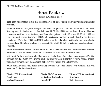 Anzeige von Horst Pankatz von Kölner Stadt-Anzeiger / Kölnische Rundschau / Express